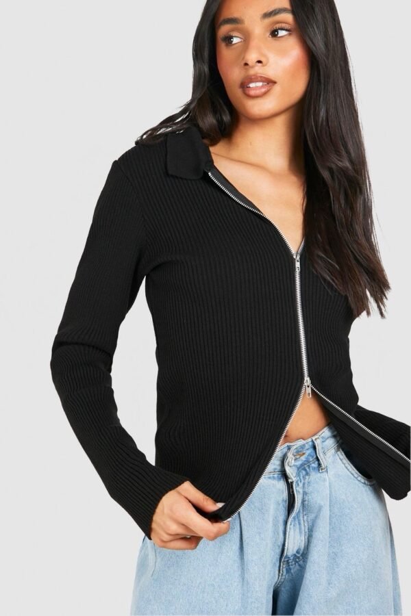 Lightweight Knitted Zip Collar Cardigan - Black